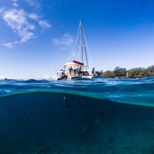 That feeling when you climb back on the boat after snorkeling Kealakekua Bay — the Captain Cook Monument behind you and a big shaka to cap it off!